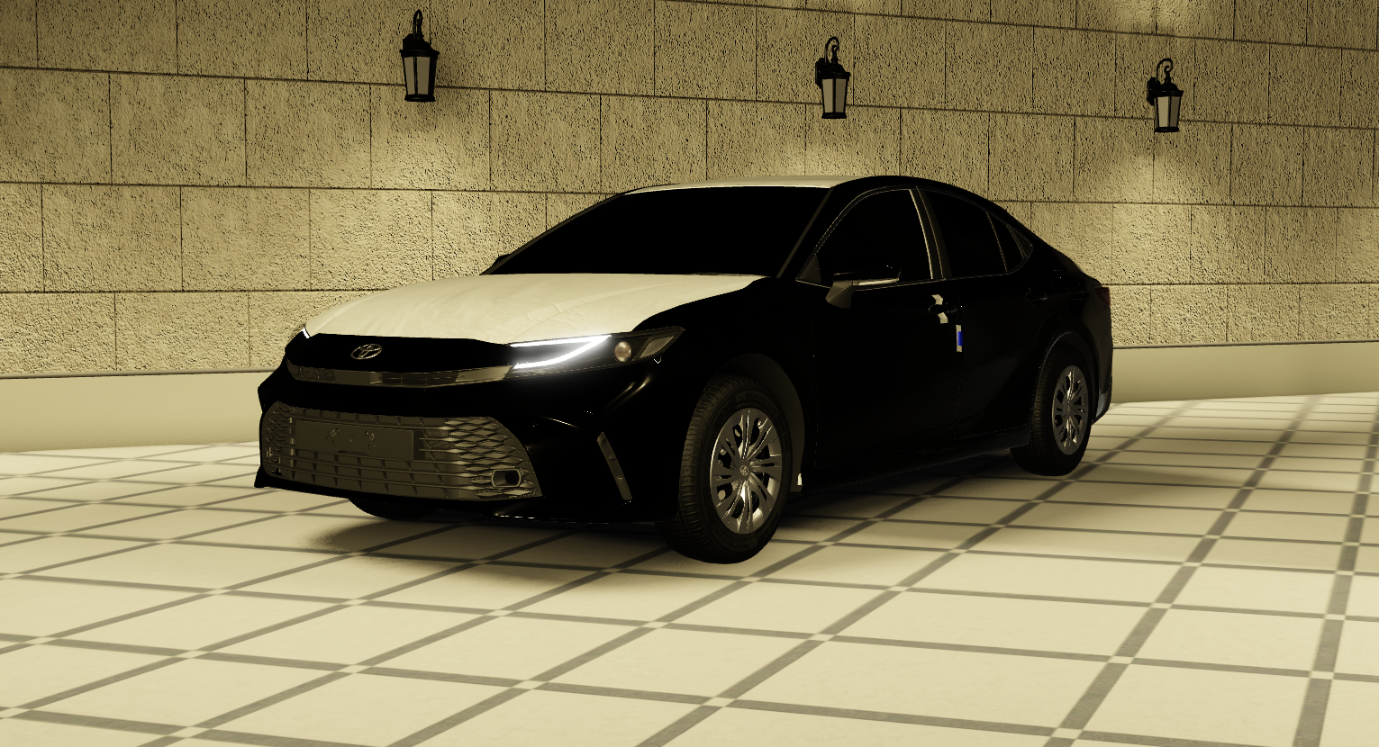 White 2025 Toyota Camry sedan model in a garage scene